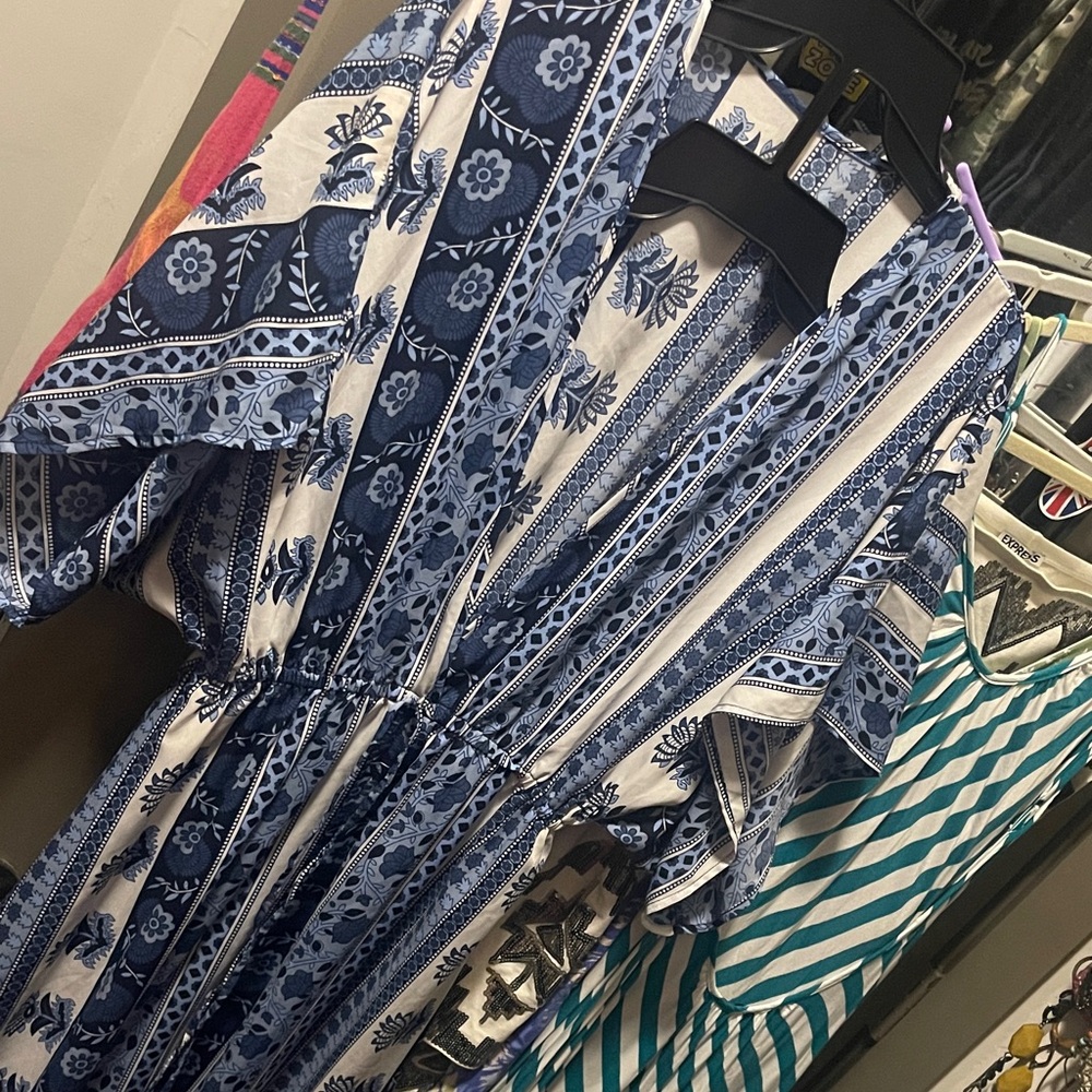 Elan Blue and White Floral Border Print Dress